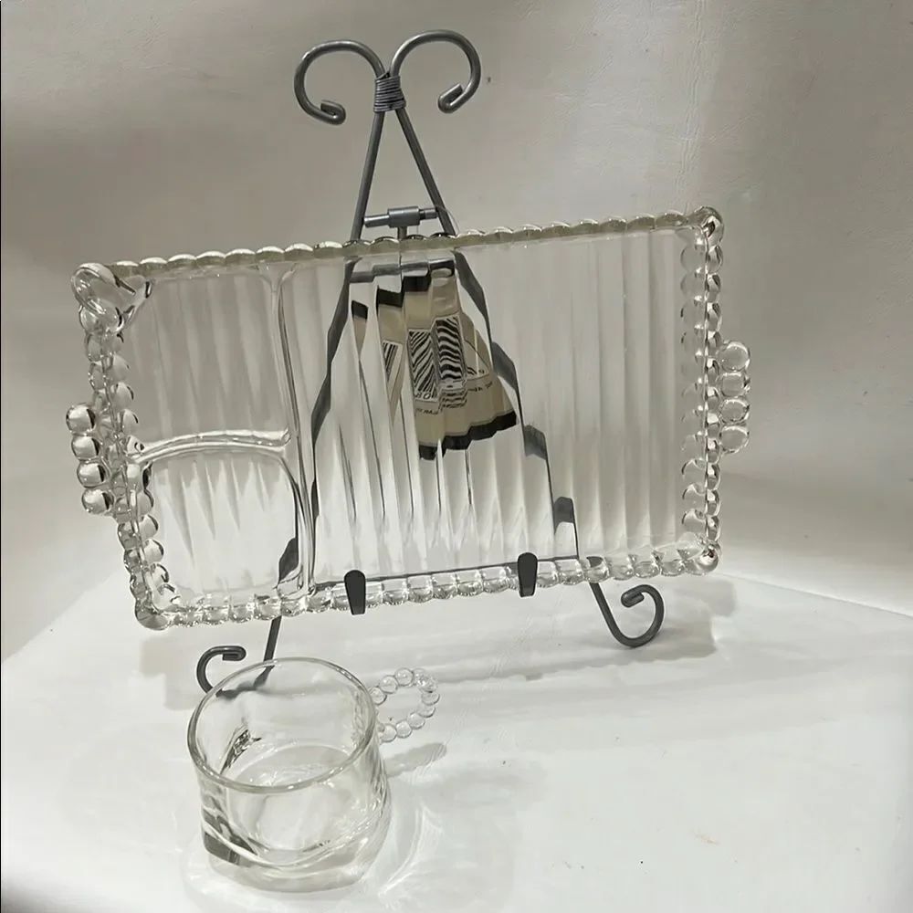 Hazel Atlas Ball Rib Smoke Snack Sip Glass Serving Tray & Cup 10 1/2 X 5 3/4